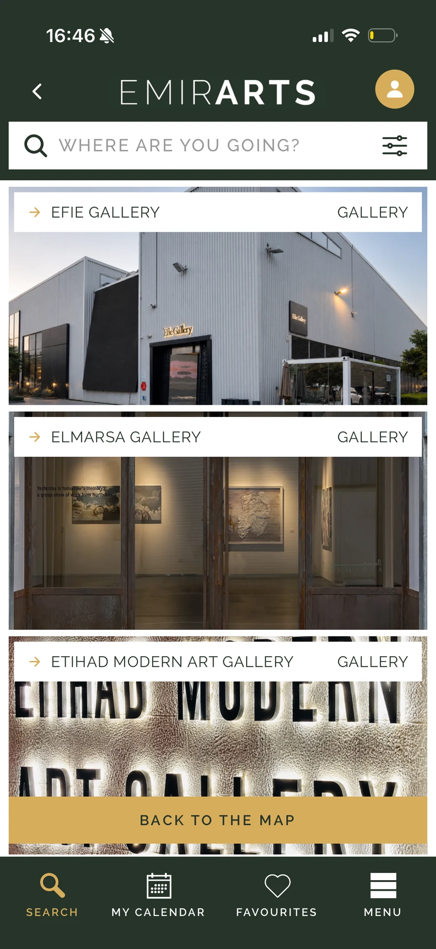 The EMIRARTS app, showing galleries to explore near you